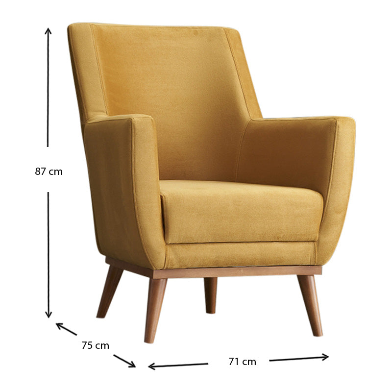 REGATA Velvet Armchair in mustard color with natural beech wood legs, showcasing its plush upholstery and elegant design.