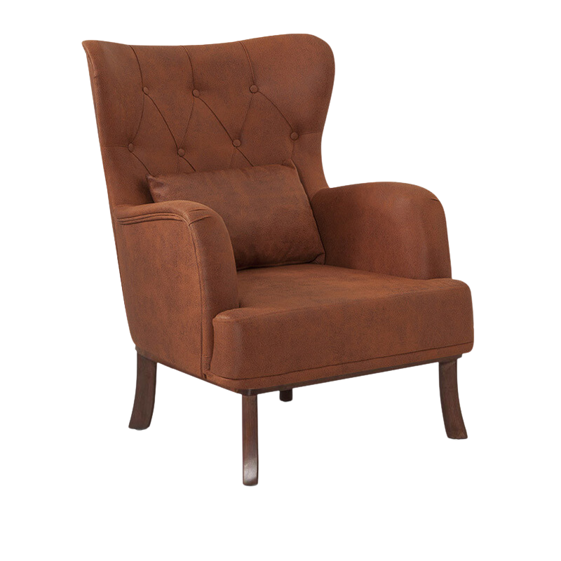 Luxurious brown velvet armchair ROMEO with natural wood legs, perfect for stylish relaxation.