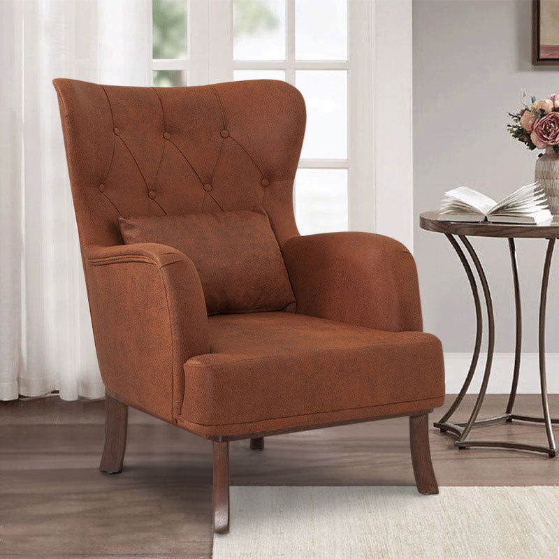 Luxurious brown velvet armchair ROMEO with natural wood legs, perfect for stylish relaxation.