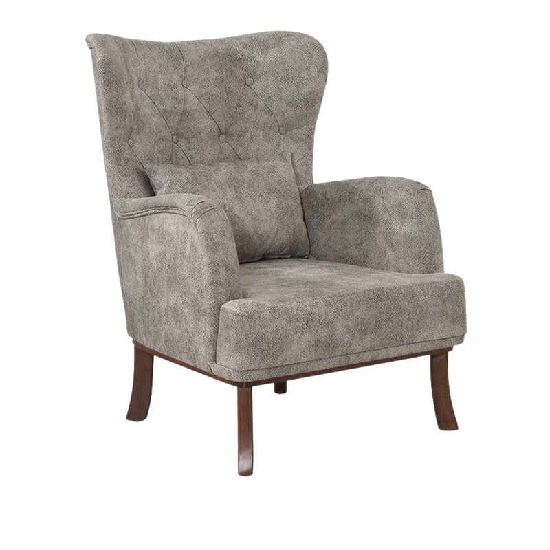 Velvet Armchair ROMEO in grey, featuring plush upholstery and natural wood legs, perfect for stylish relaxation.