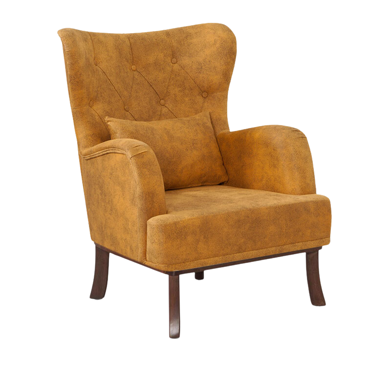 Velvet Armchair ROMEO in yellow, featuring plush upholstery and natural wood legs, perfect for stylish relaxation.