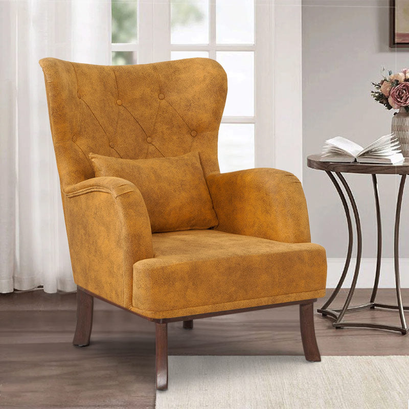 Velvet Armchair ROMEO in yellow, featuring plush upholstery and natural wood legs, perfect for stylish relaxation.