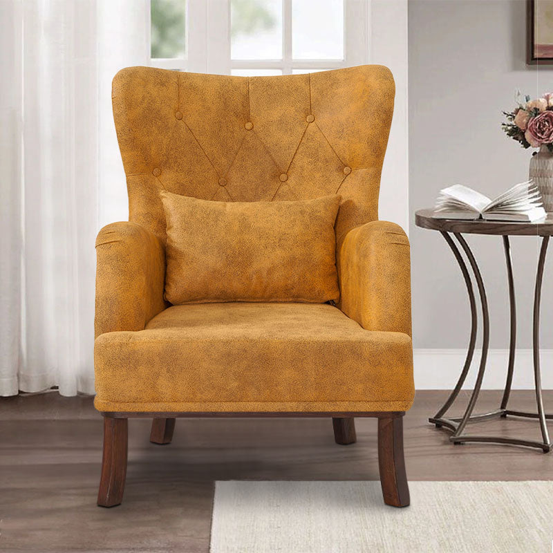 Velvet Armchair ROMEO in yellow, featuring plush upholstery and natural wood legs, perfect for stylish relaxation.