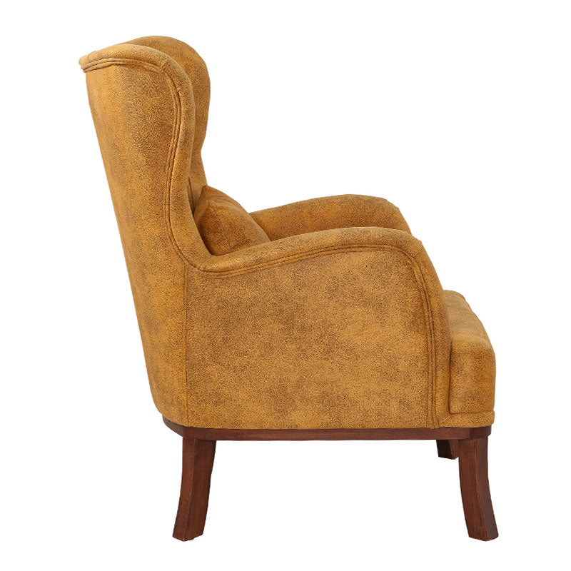 Velvet Armchair ROMEO in yellow, featuring plush upholstery and natural wood legs, perfect for stylish relaxation.