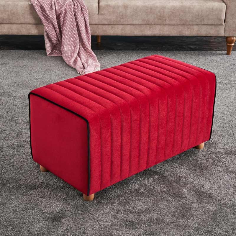 ANDRA Red Velvet Stool with wooden legs, measuring 80x40x40 cm, showcasing luxurious upholstery and durable design.