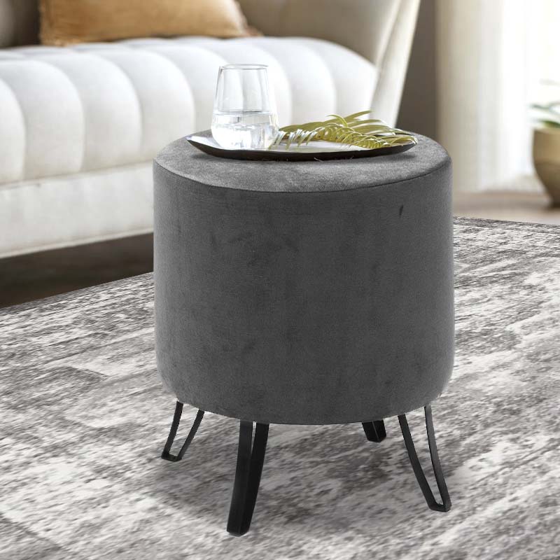 Stylish grey velvet stool PARCY with black metal legs, dimensions 40x40x40cm.