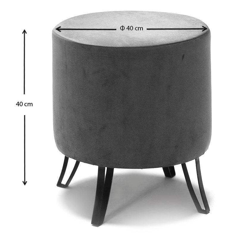 Stylish grey velvet stool PARCY with black metal legs, dimensions 40x40x40cm.