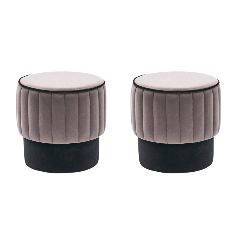 Set of two grey velvet stools with black base, measuring 40x40x40 cm, ideal for home or business use.