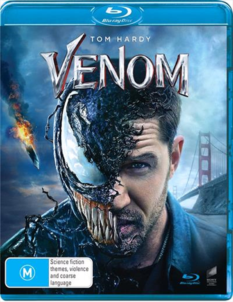 Venom Blu-ray cover featuring Tom Hardy as the anti-hero Venom, showcasing intense artwork and vibrant colors.