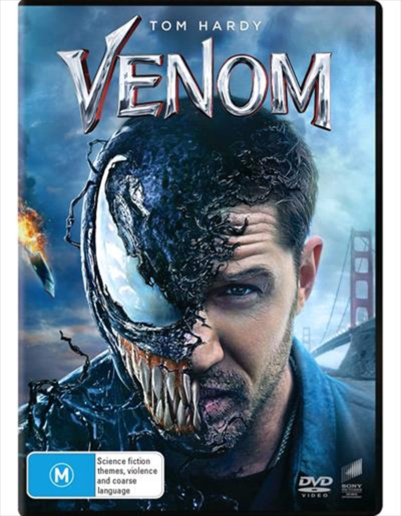 Venom DVD cover featuring Tom Hardy as the anti-hero Venom, showcasing intense artwork and vibrant colors.