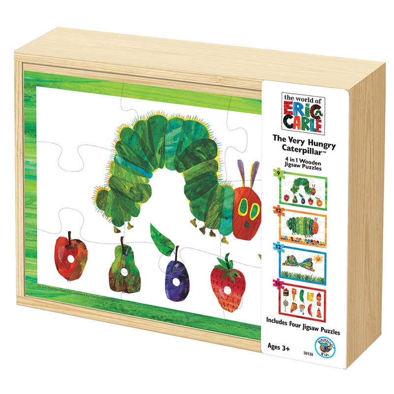 Very Hungry Caterpillar 4 In 1 Wooden Puzzle set featuring colorful pieces and a wooden storage box.