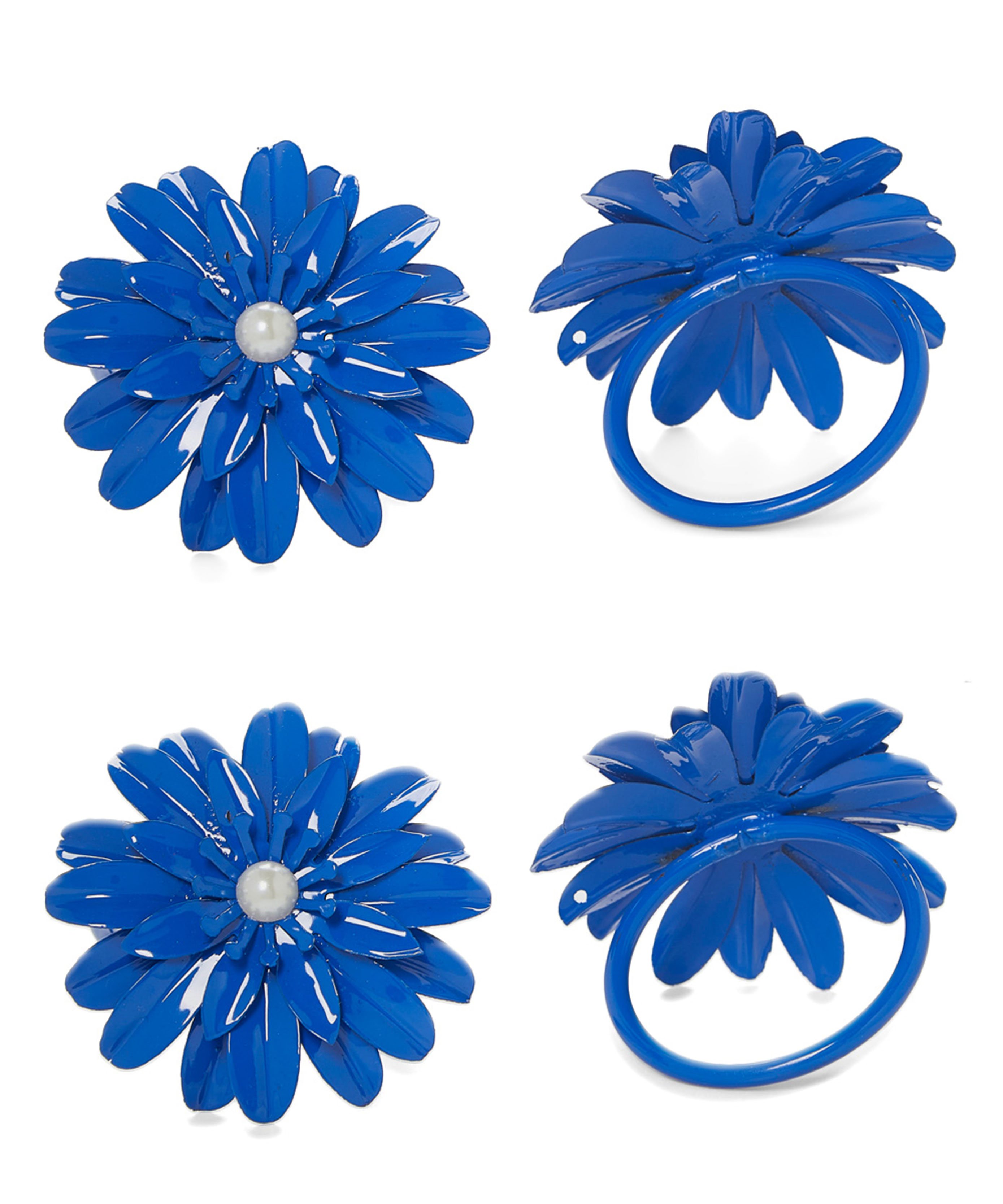 Set of 4 handcrafted blue floral napkin rings with pearl accents, perfect for elegant dining decor.