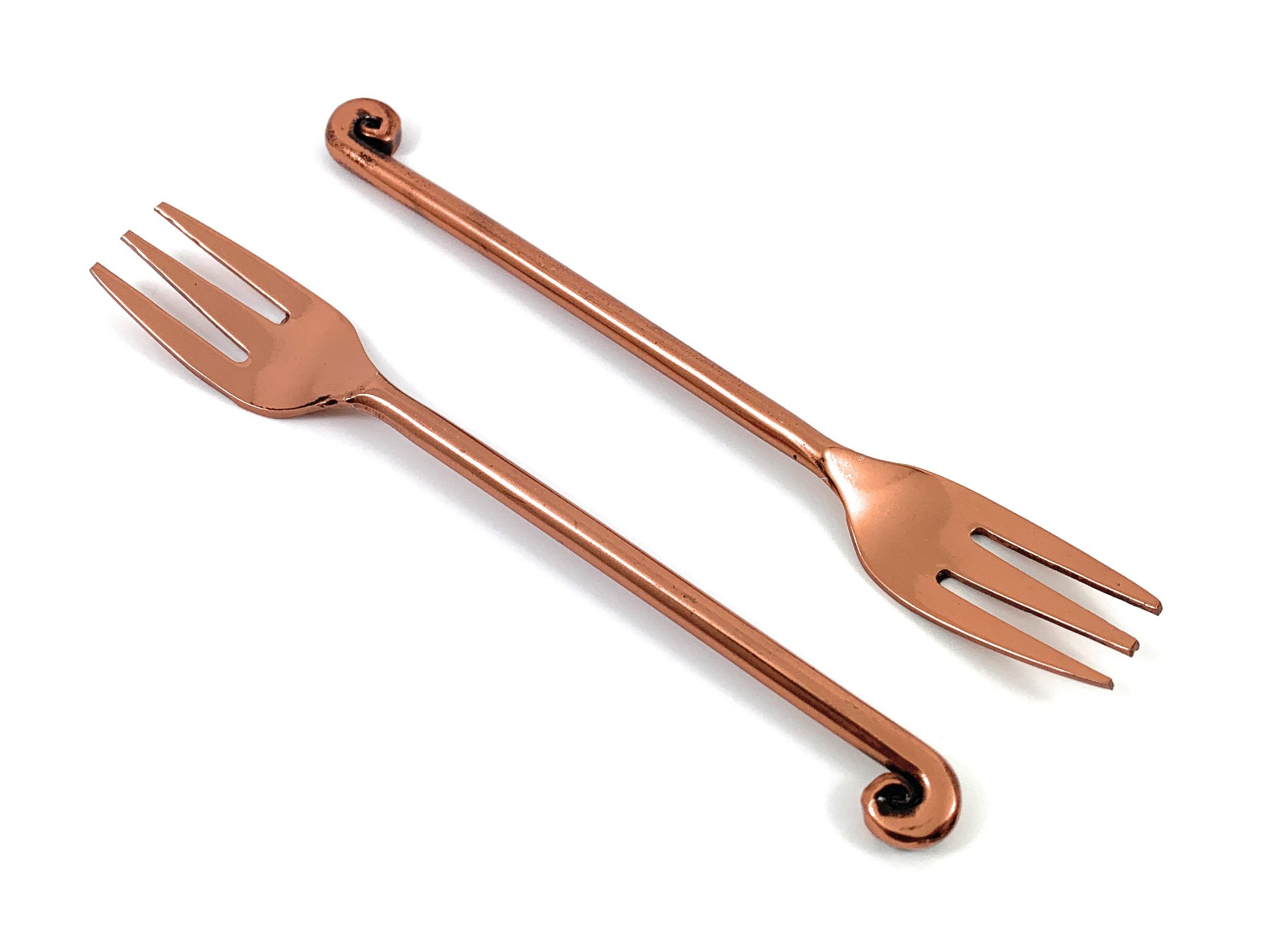 Set of 6 Vibhsa Copper Finish Appetizer Forks with dark rose gold polish, elegantly designed for dining and kitchen decor.