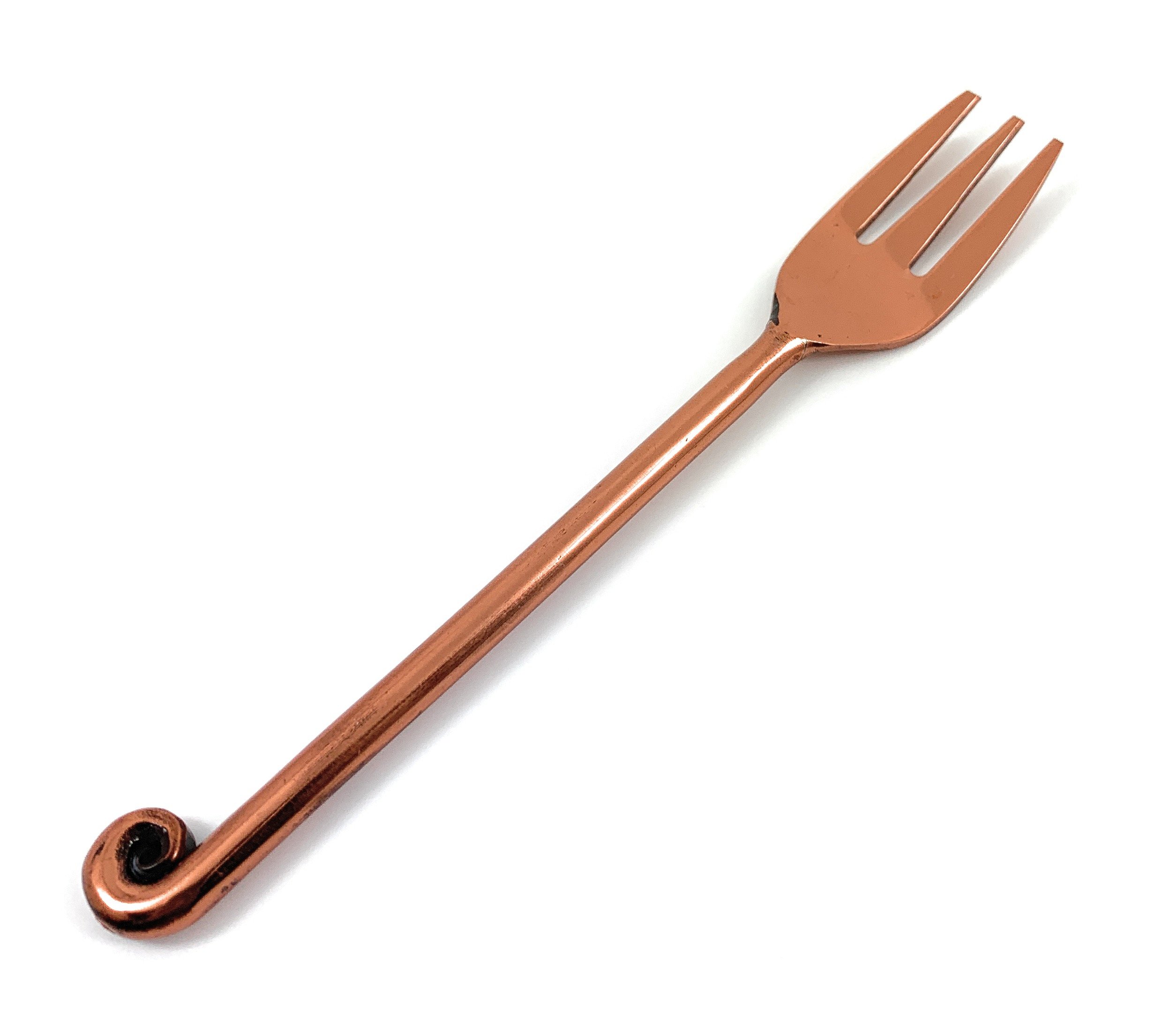 Set of 6 Vibhsa Copper Finish Appetizer Forks with dark rose gold polish, elegantly designed for dining and kitchen decor.