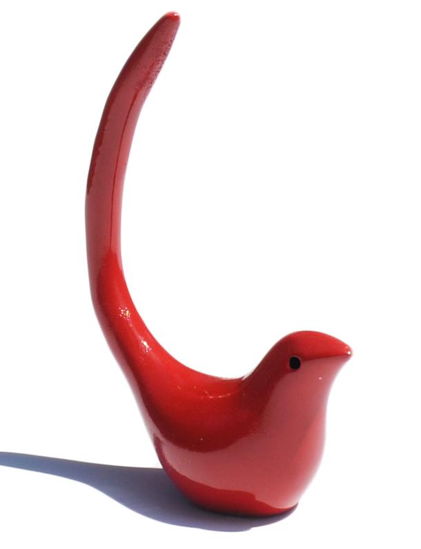 Vibhsa Gifts Bird Ring Holder Jewelry in Red, handcrafted aluminum bird figurine with a silver nickel plated ring holder.