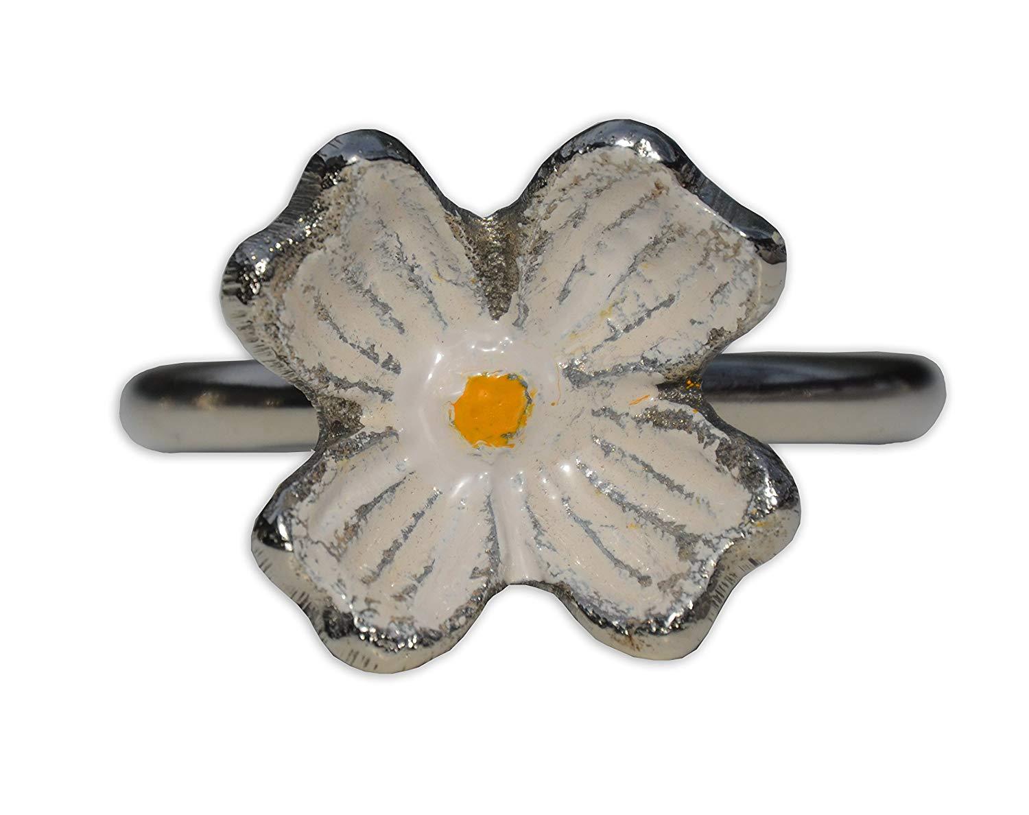 Set of 4 handcrafted silver floral napkin rings made from aluminum, featuring intricate flower designs for elegant table settings.