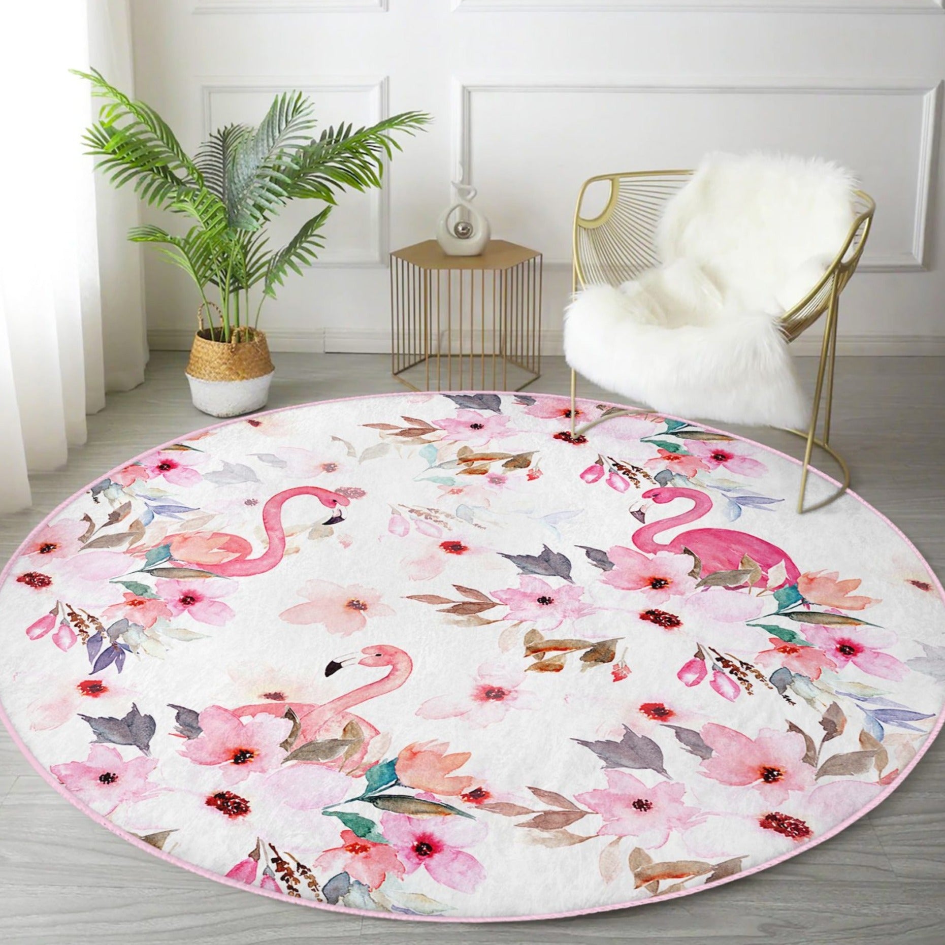 Vibrant Pink Flamingo Washable Round Rug featuring a bold flamingo design on soft velvet fabric, perfect for home decor.