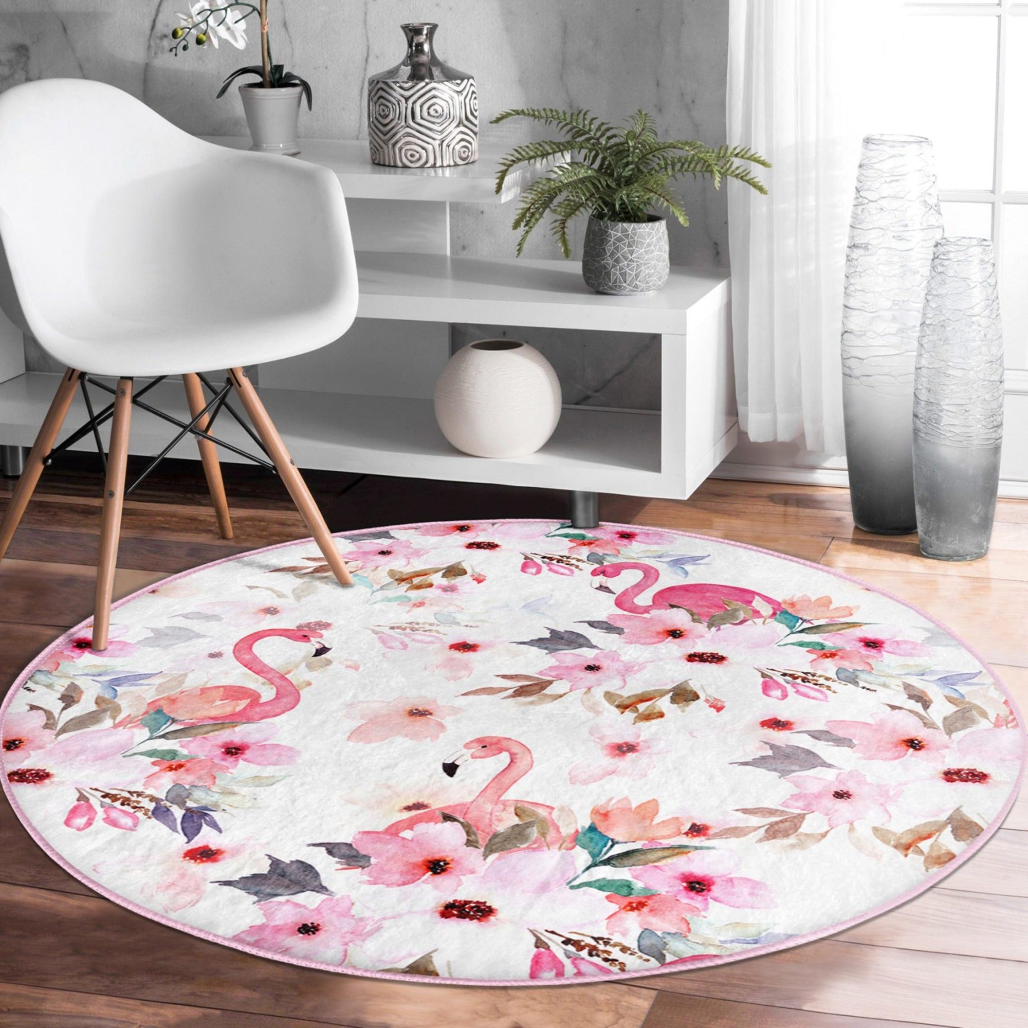 Vibrant Pink Flamingo Washable Round Rug featuring a bold flamingo design on soft velvet fabric, perfect for home decor.