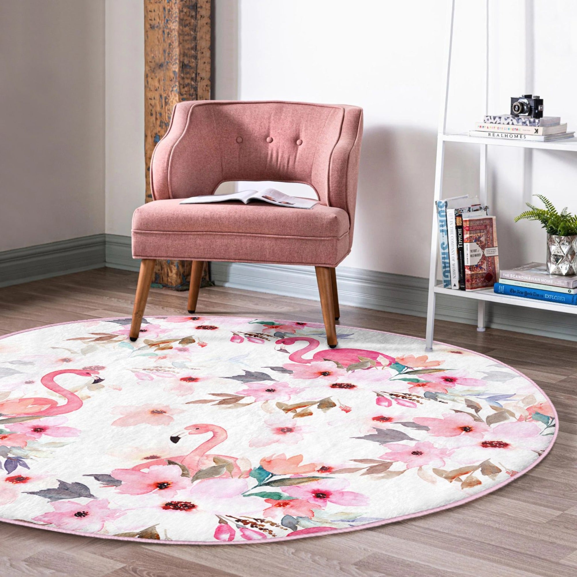 Vibrant Pink Flamingo Washable Round Rug featuring a bold flamingo design on soft velvet fabric, perfect for home decor.