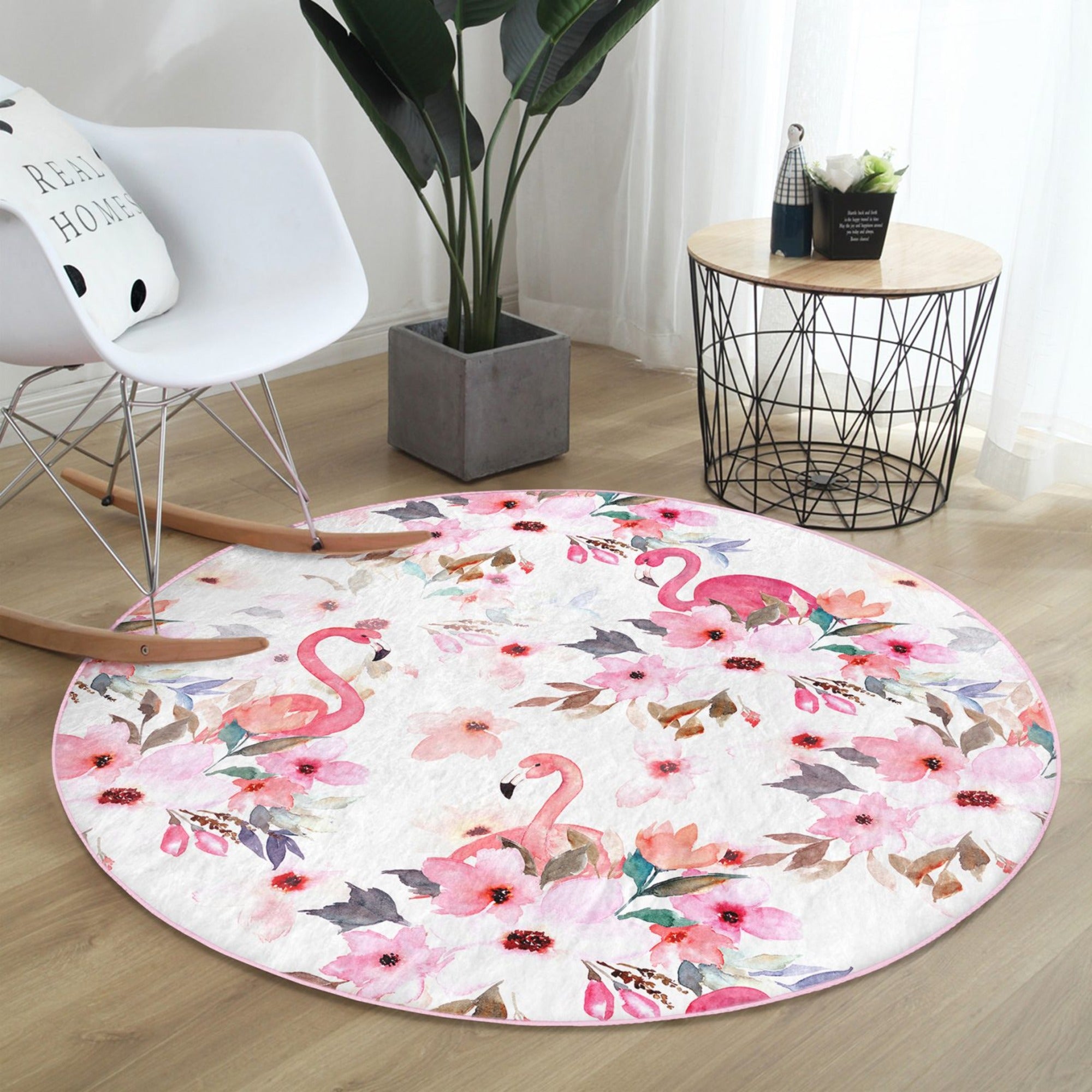 Vibrant Pink Flamingo Washable Round Rug featuring a bold flamingo design on soft velvet fabric, perfect for home decor.