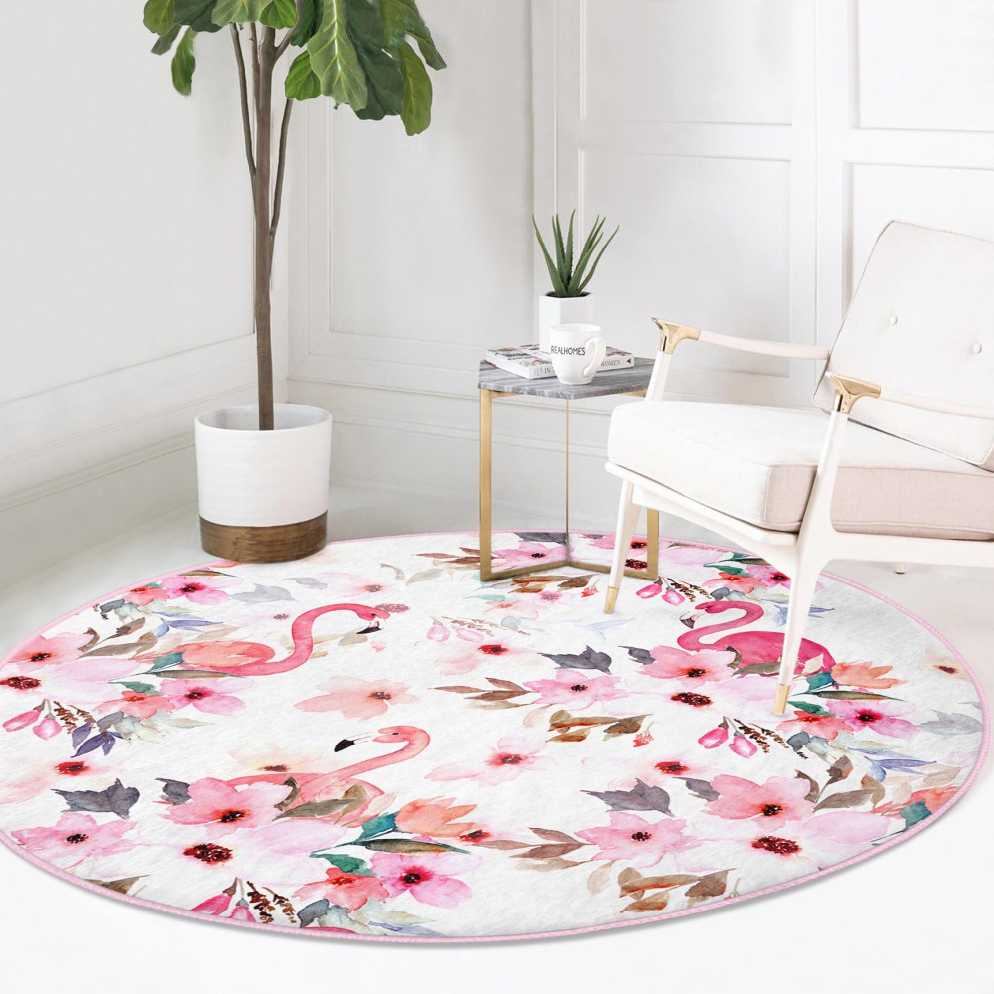 Vibrant Pink Flamingo Washable Round Rug featuring a bold flamingo design on soft velvet fabric, perfect for home decor.