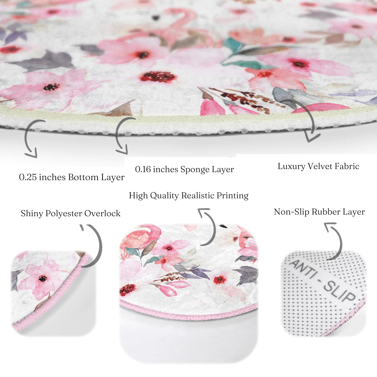 Vibrant Pink Flamingo Washable Round Rug featuring a bold flamingo design on soft velvet fabric, perfect for home decor.