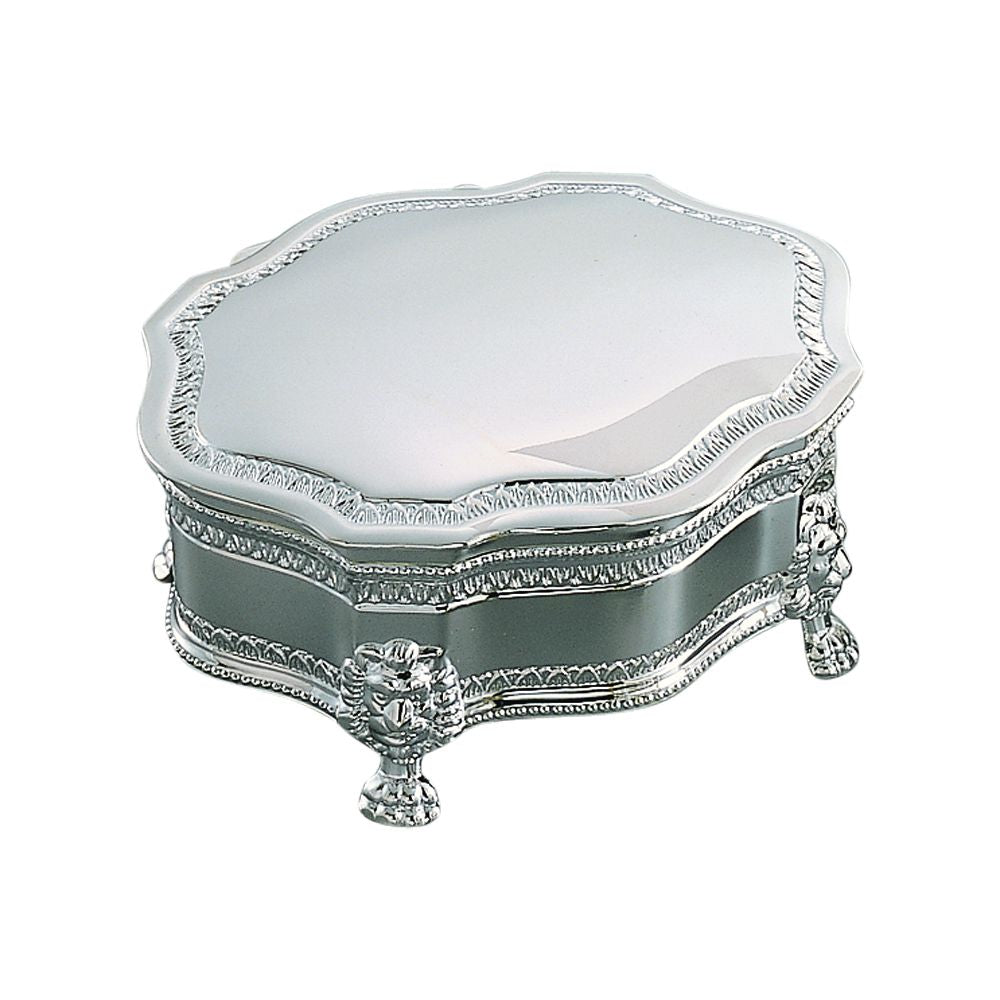 A beautifully designed Victorian style jewelry box with a shiny nickel finish, featuring a scroll design and lion head feet.