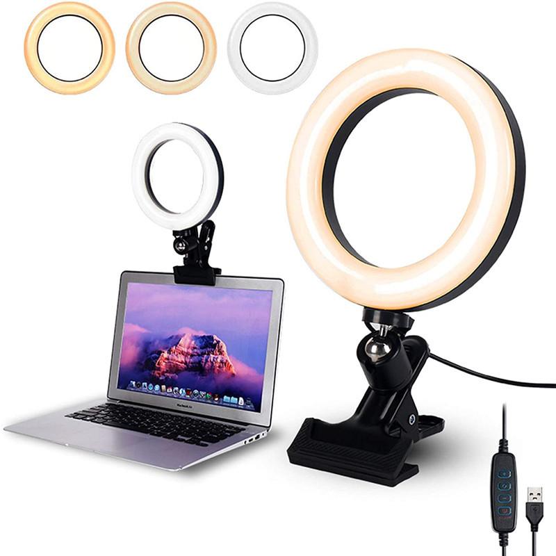 Dimmable LED ring light clip-on for video conferencing, showcasing adjustable brightness and 360-degree angle adjustment.