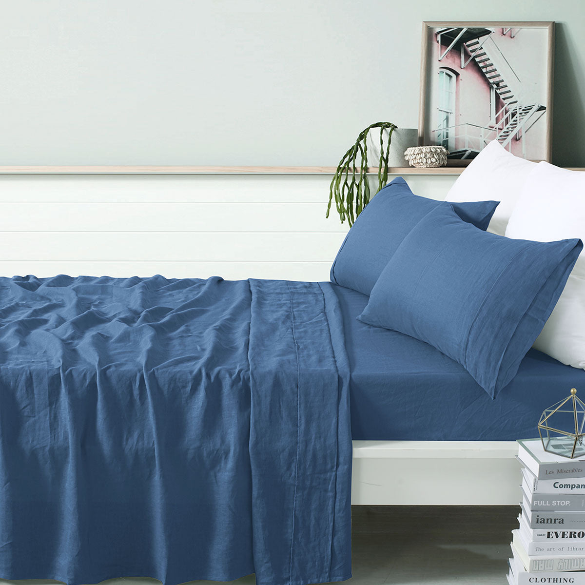 Vintage Design Homewares 100% Linen Brilliant Blue Sheet Set King displayed on a neatly made bed, showcasing its vibrant color and luxurious texture.