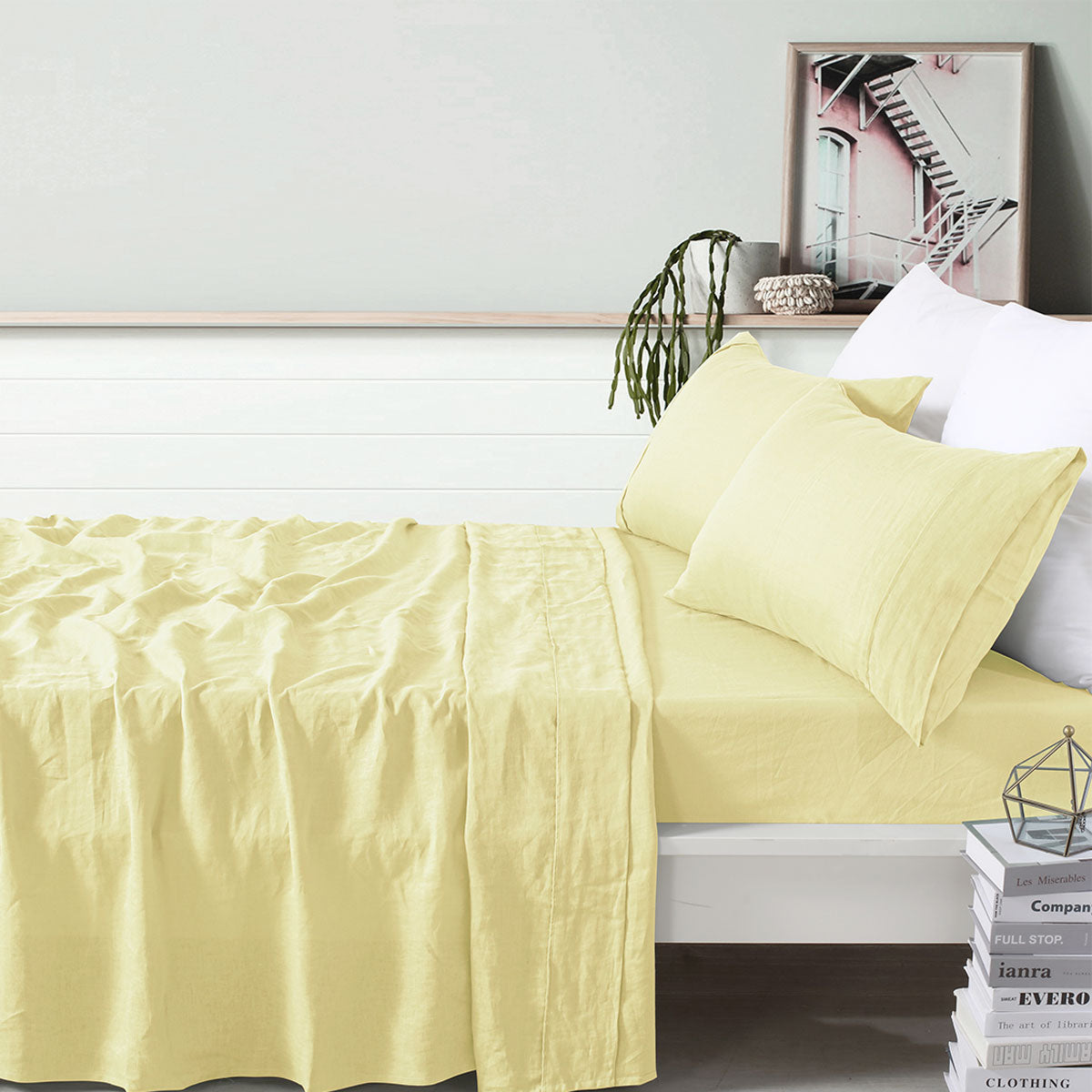 Vintage Design Homewares 100% Linen Butter Sheet Set displayed on a bed, showcasing its soft texture and elegant butter color.