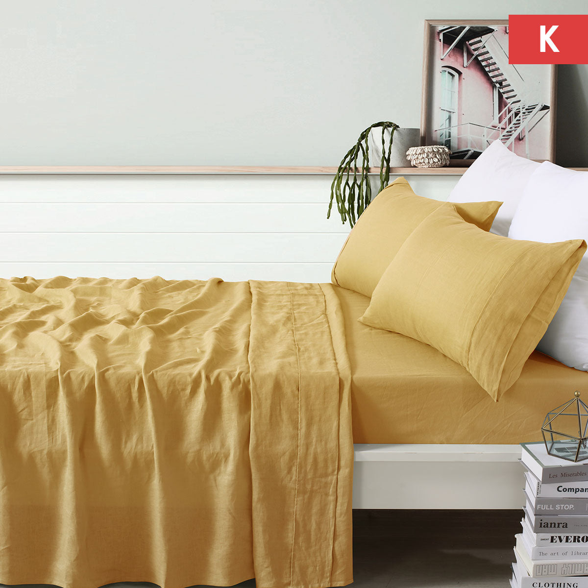 Vintage Design Homewares 100% Linen Ochre Sheet Set King displayed on a bed, showcasing its soft texture and warm color.