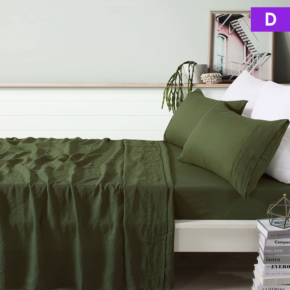 Vintage Design Homewares 100% Linen Olive Sheet Set displayed on a bed, showcasing its soft texture and elegant olive color.