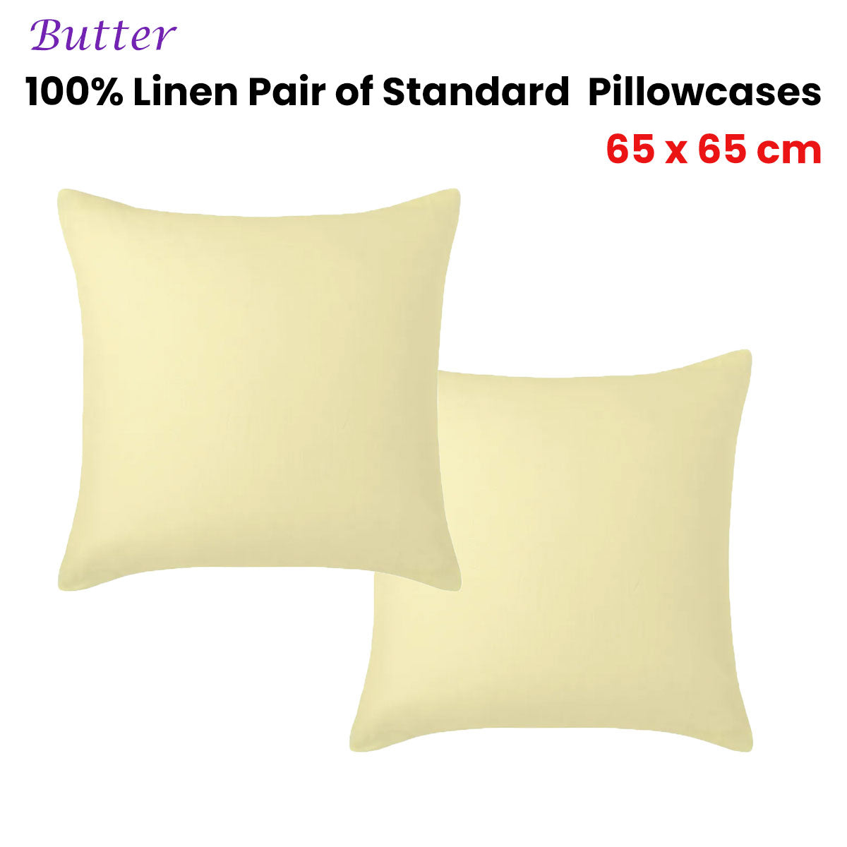 A pair of vintage design European pillowcases made from 100% linen in a soft butter color, measuring 65 x 65 cm.