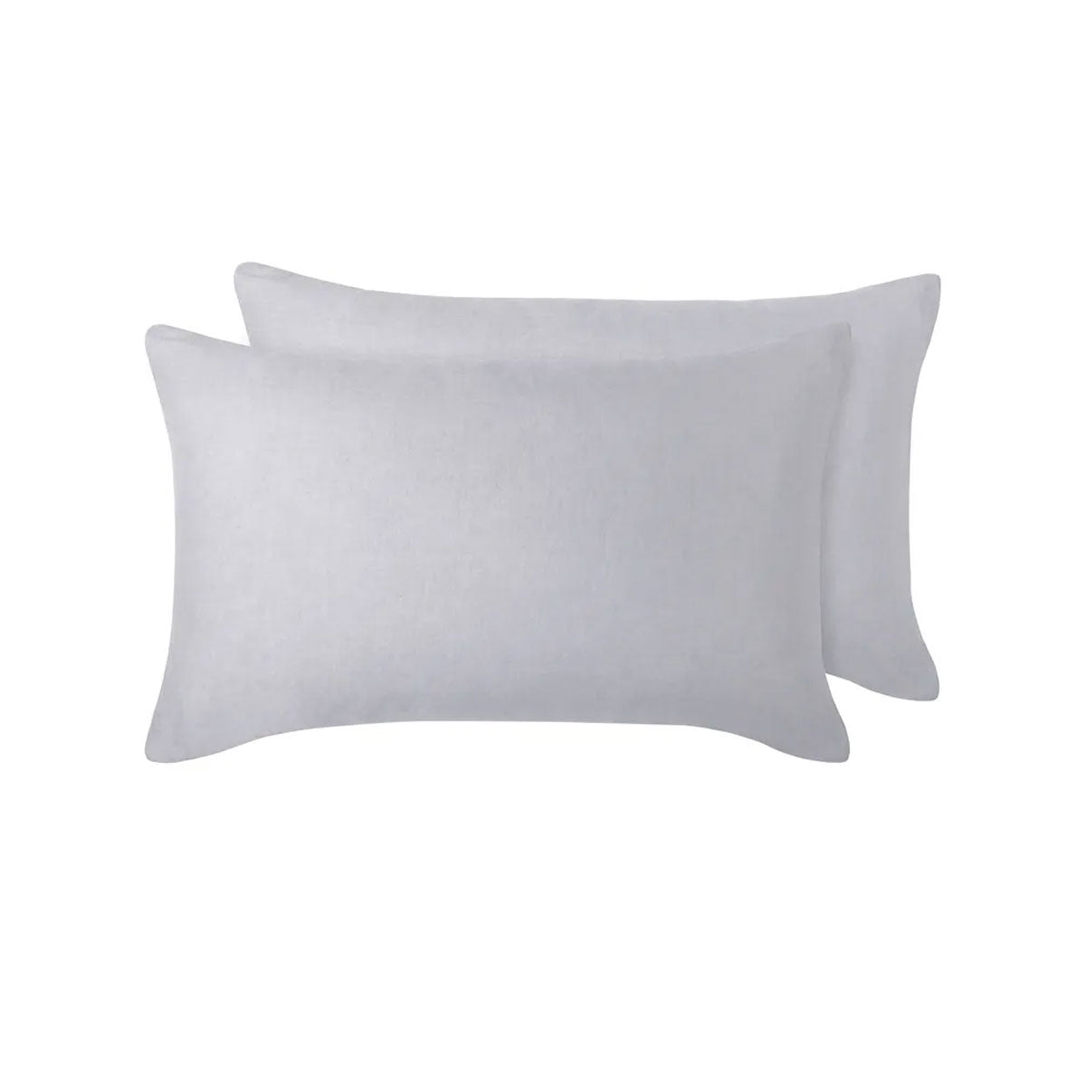 A pair of dove grey standard pillowcases made from 100% linen, showcasing a minimalist design suitable for various bedroom styles.