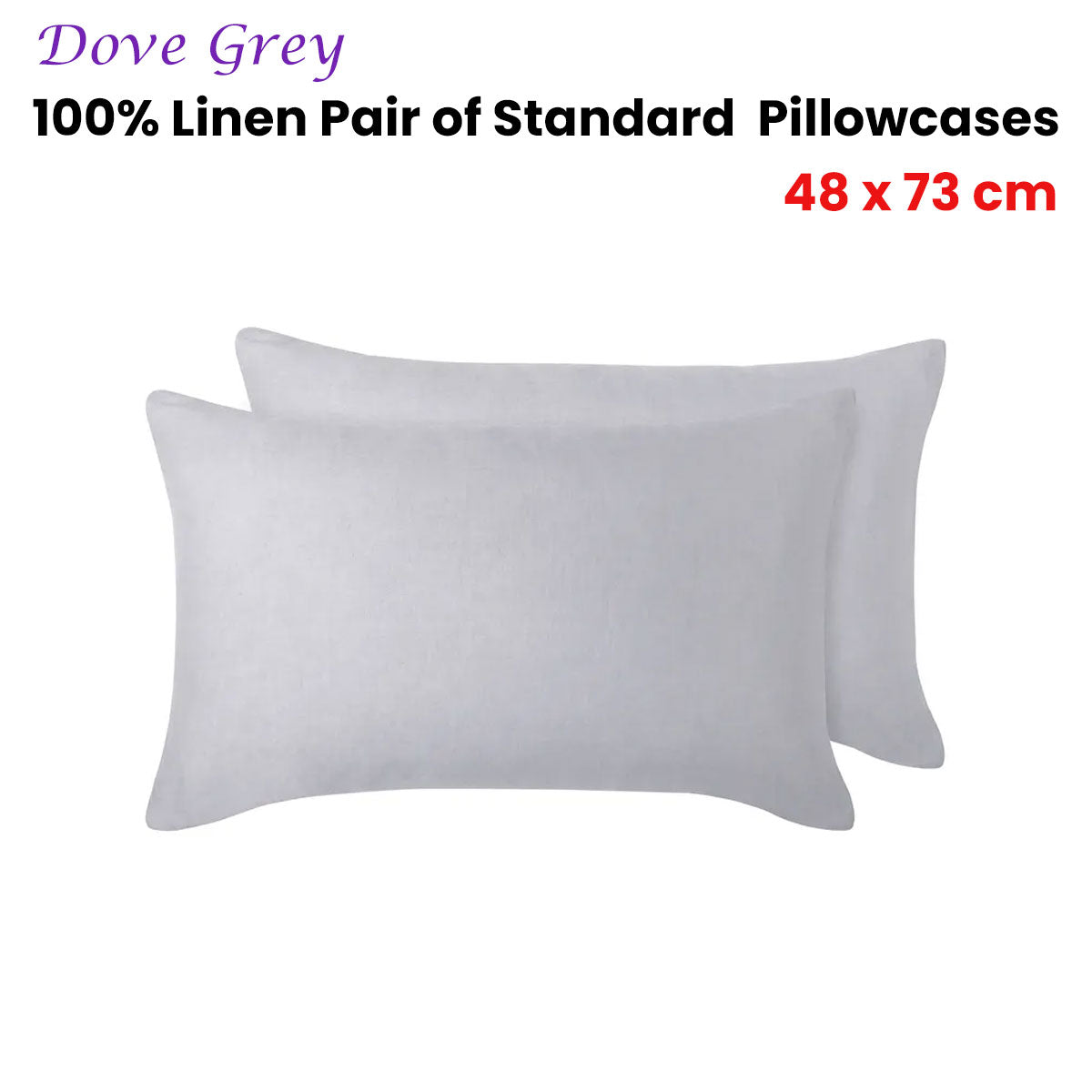 A pair of dove grey standard pillowcases made from 100% linen, showcasing a minimalist design suitable for various bedroom styles.