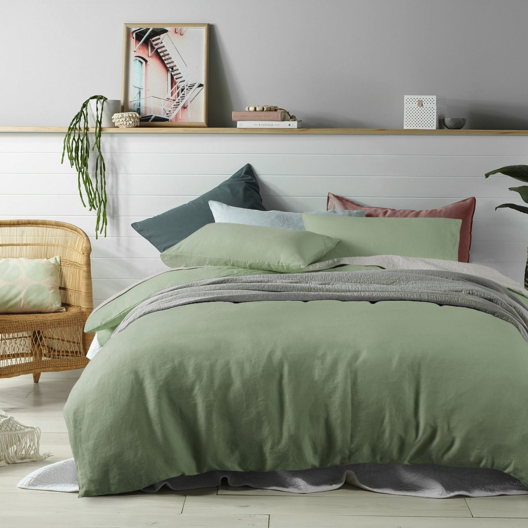 Vintage Design Homewares 100% Linen Sage Quilt Cover Set displayed on a bed, showcasing its elegant sage color and soft texture.