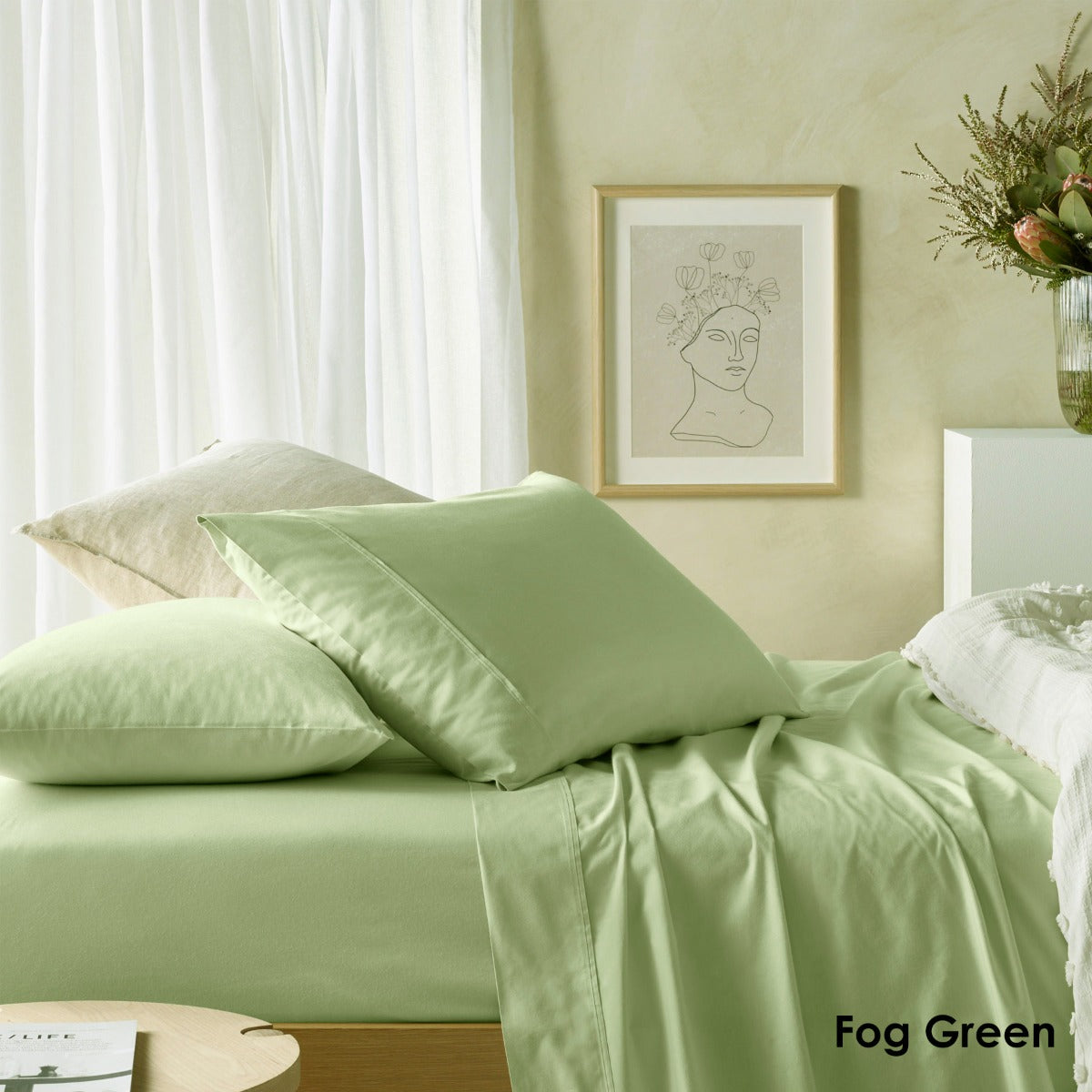 Vintage Design Homewares 225TC Cotton Eucalyptus Sheet Set in Fog Green, featuring a soft and breathable fabric blend.