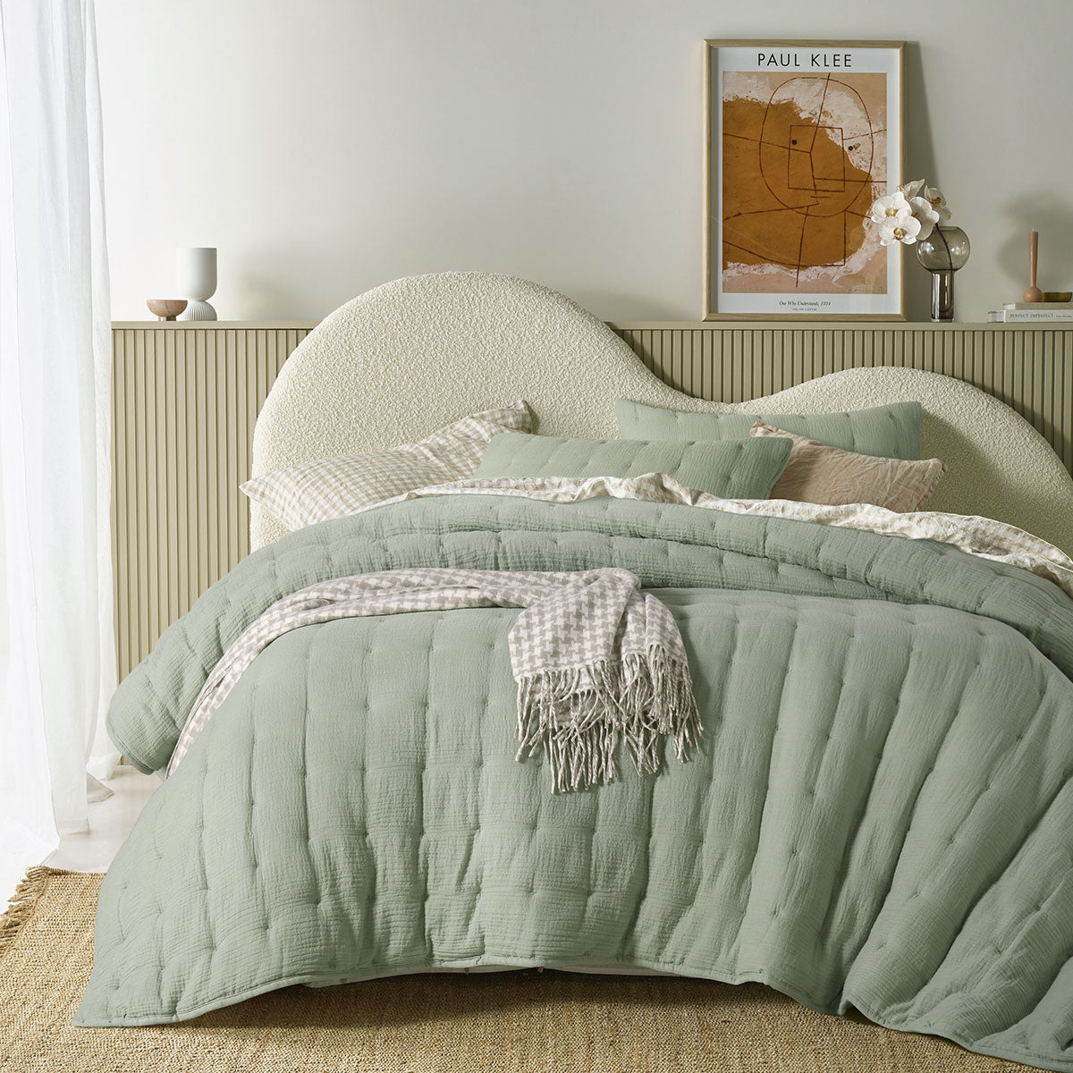 Vintage Design Homewares 3 Piece Hugo Cotton Gauze Quilted Comforter set in sage color, featuring a soft cotton gauze fabric and quilted design.