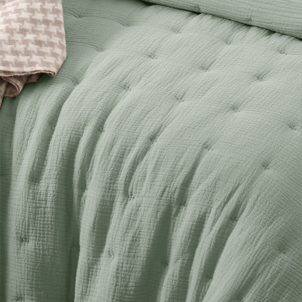 Vintage Design Homewares 3 Piece Hugo Cotton Gauze Quilted Comforter set in sage color, featuring a soft cotton gauze fabric and quilted design.