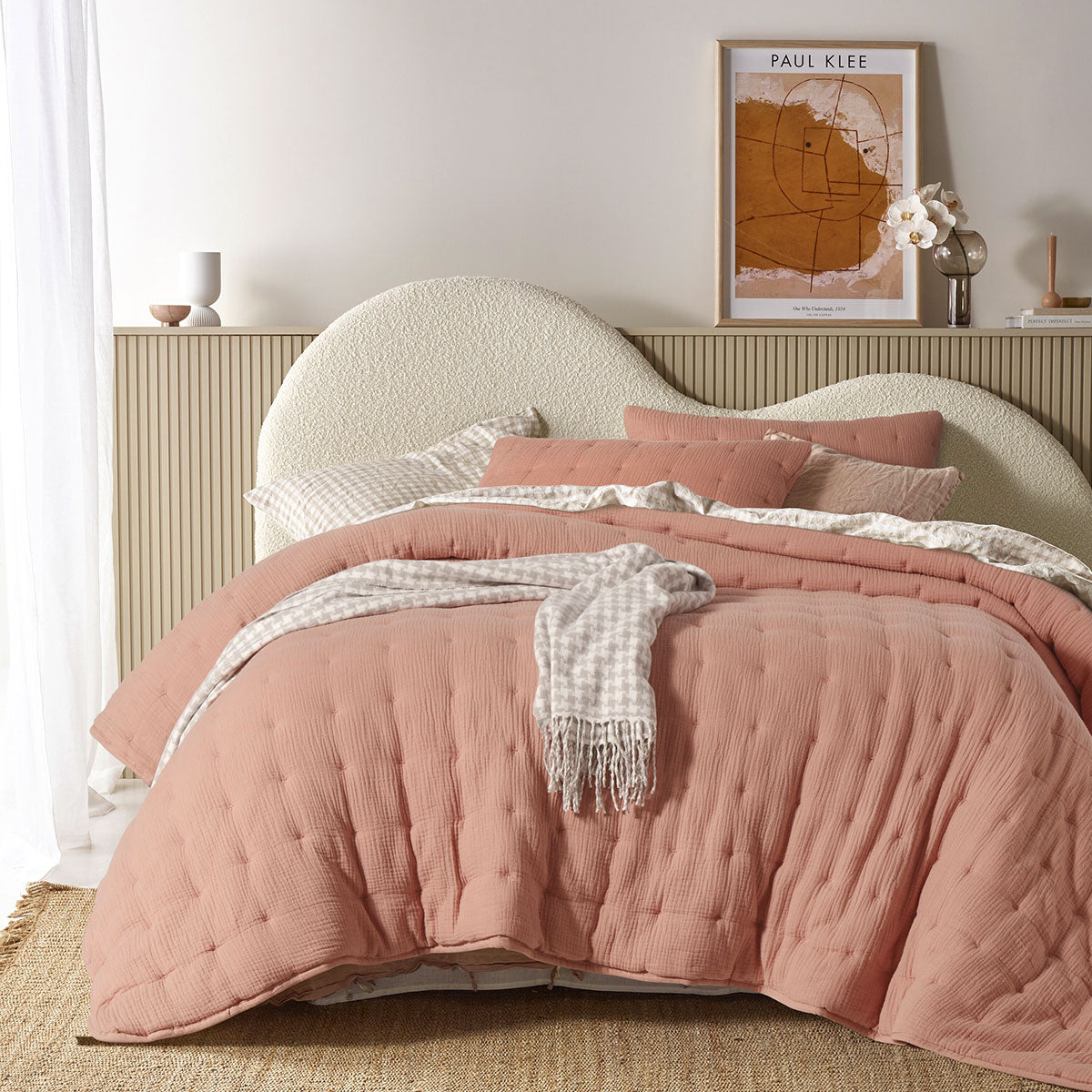 Vintage Design Homewares 3 Piece Hugo Cotton Gauze Quilted Comforter set in Clay, featuring a soft cotton gauze fabric and quilted design.