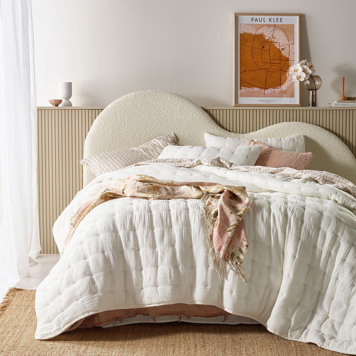 Vintage Design Homewares 3 Piece Hugo Cotton Gauze Quilted Comforter set in white, showcasing its soft texture and elegant quilted design.