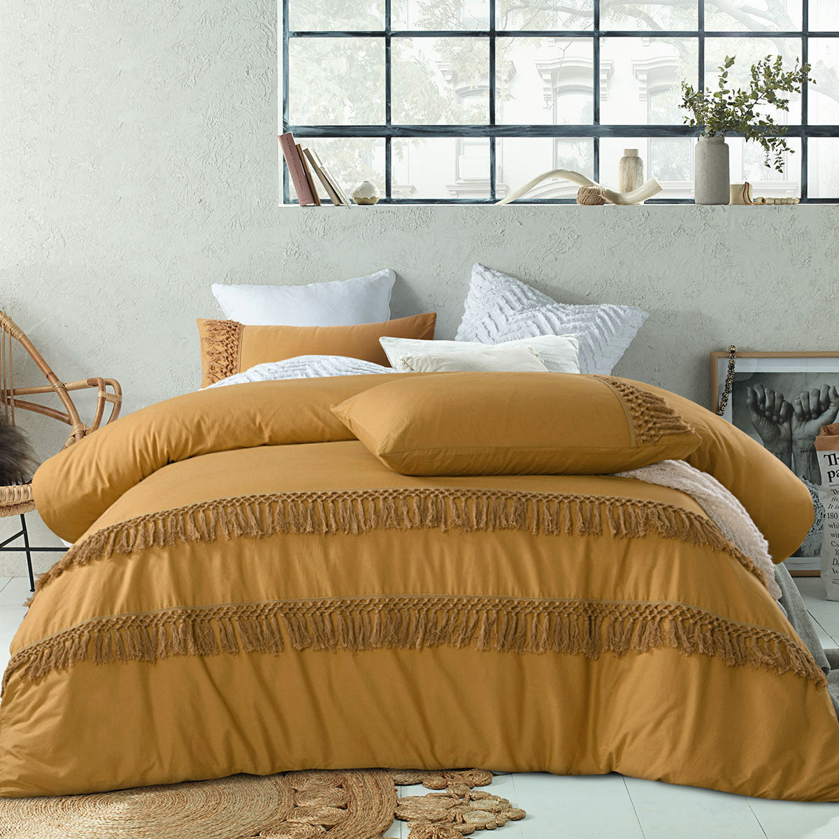 Vintage Design Boho Ochre Cotton Tassel Quilt Cover Set King featuring chic tassels and soft cotton fabric, perfect for stylish bedroom decor.