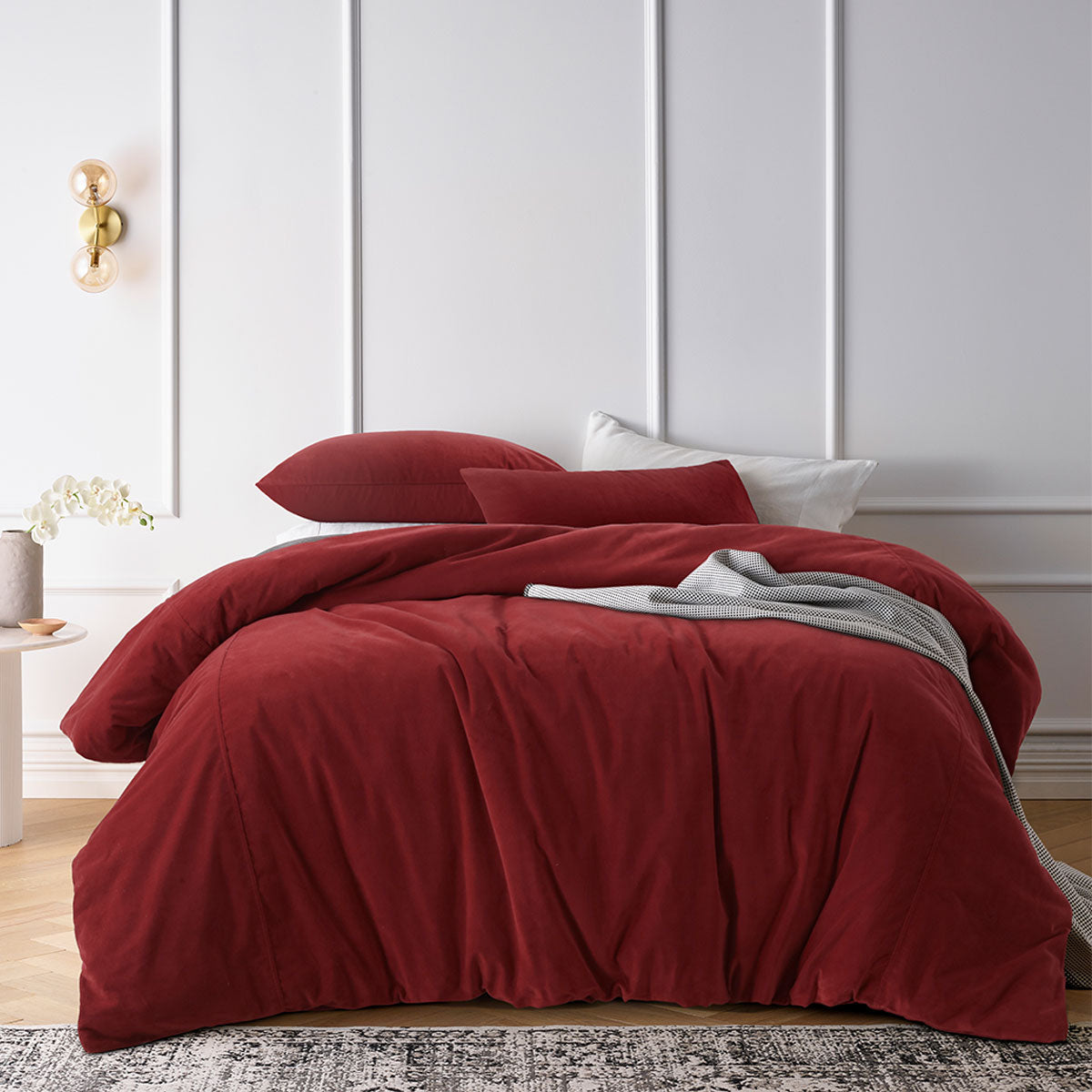 Vintage Design Homewares Cotton Velvet Quilt Cover Set in Rouge, featuring a soft velvet texture and elegant design, perfect for queen-sized beds.