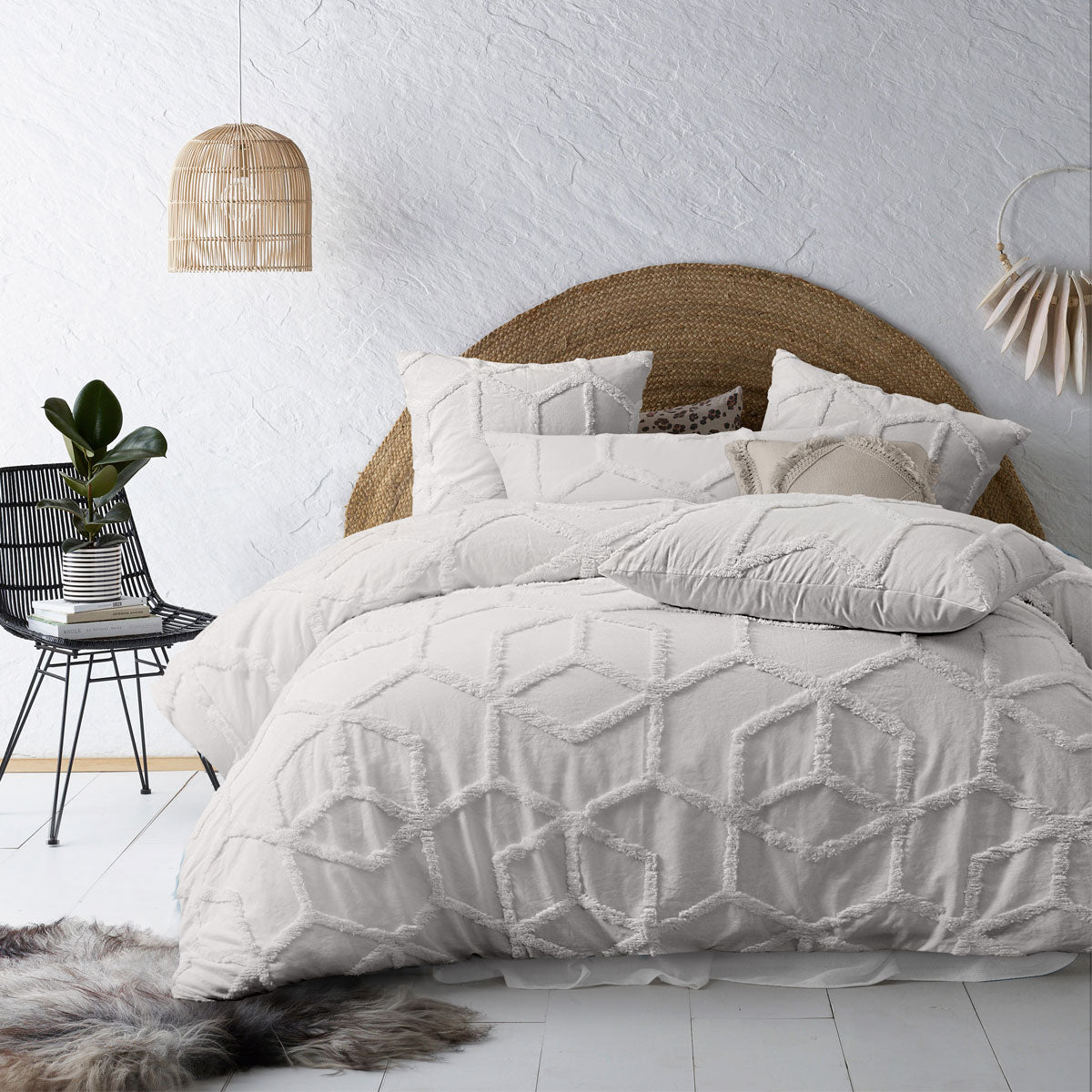 Dreamweaver White Cotton Quilt Cover Set featuring a chic chenille hexagon design, perfect for a stylish bedroom makeover.