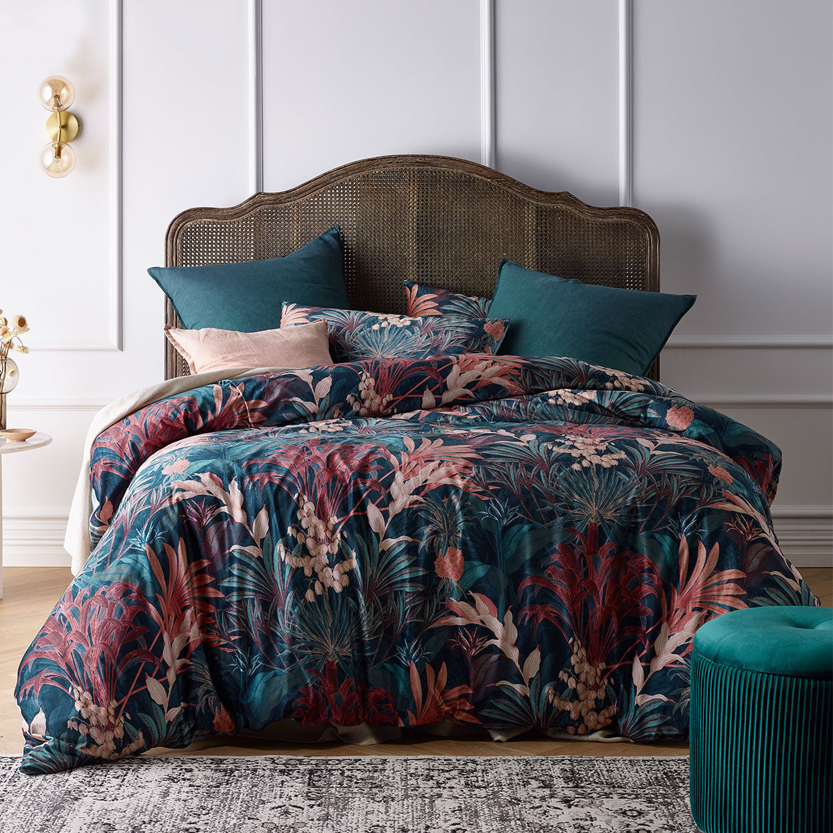 Etheridge Printed Velvet Quilt Cover Set featuring vibrant foliage design in multiple colors, including black, pink, teal, and navy.