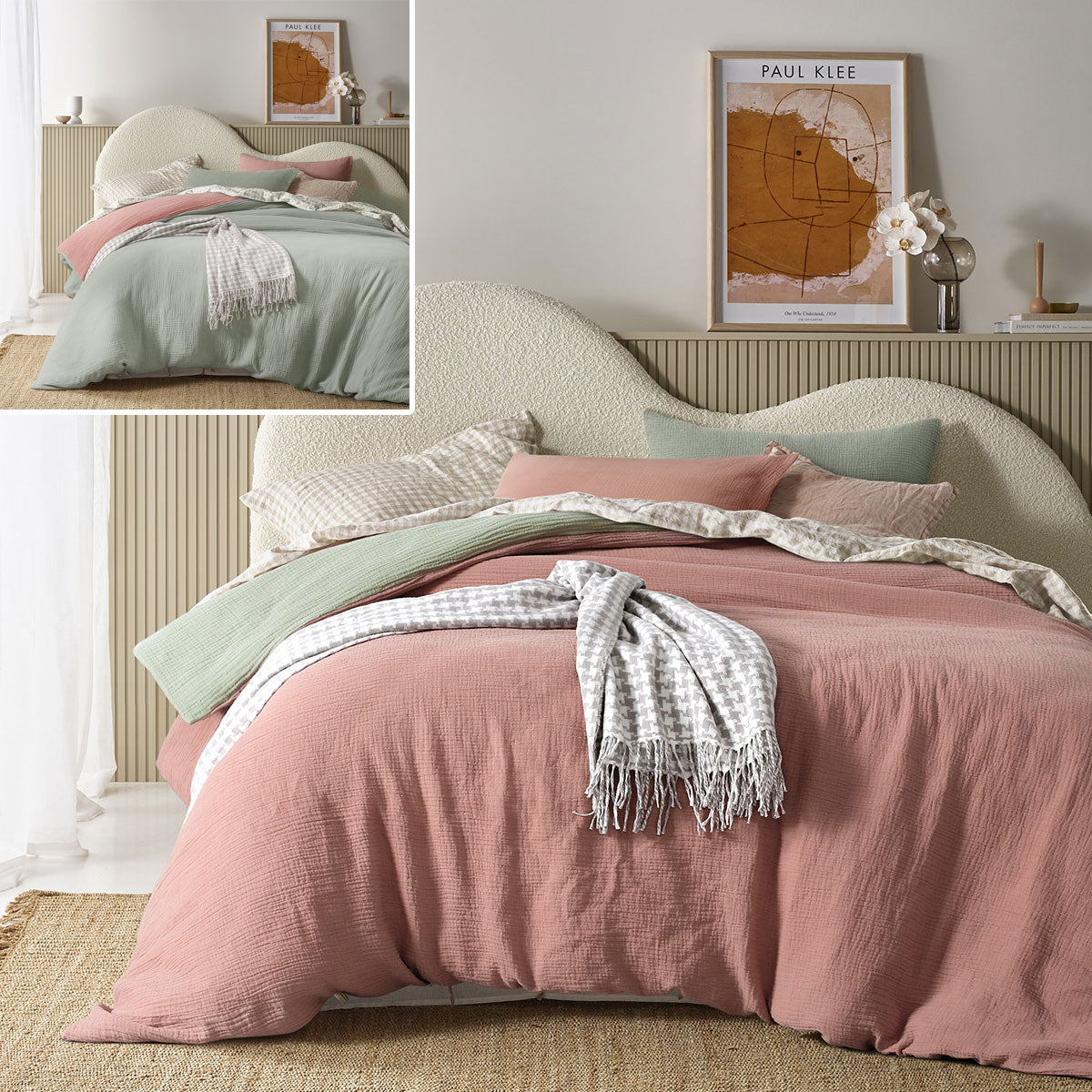 Hugo Reversible Clay Sage Cotton Gauze Quilt Cover Set featuring soft hues and a stylish design, perfect for contemporary bedrooms.