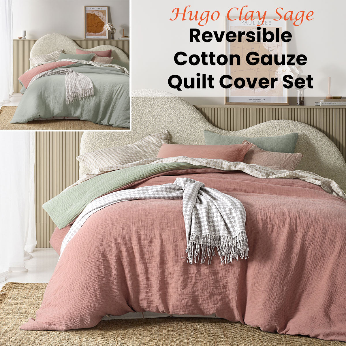 Hugo Reversible Clay Sage Cotton Gauze Quilt Cover Set featuring soft hues and a stylish design, perfect for contemporary bedrooms.