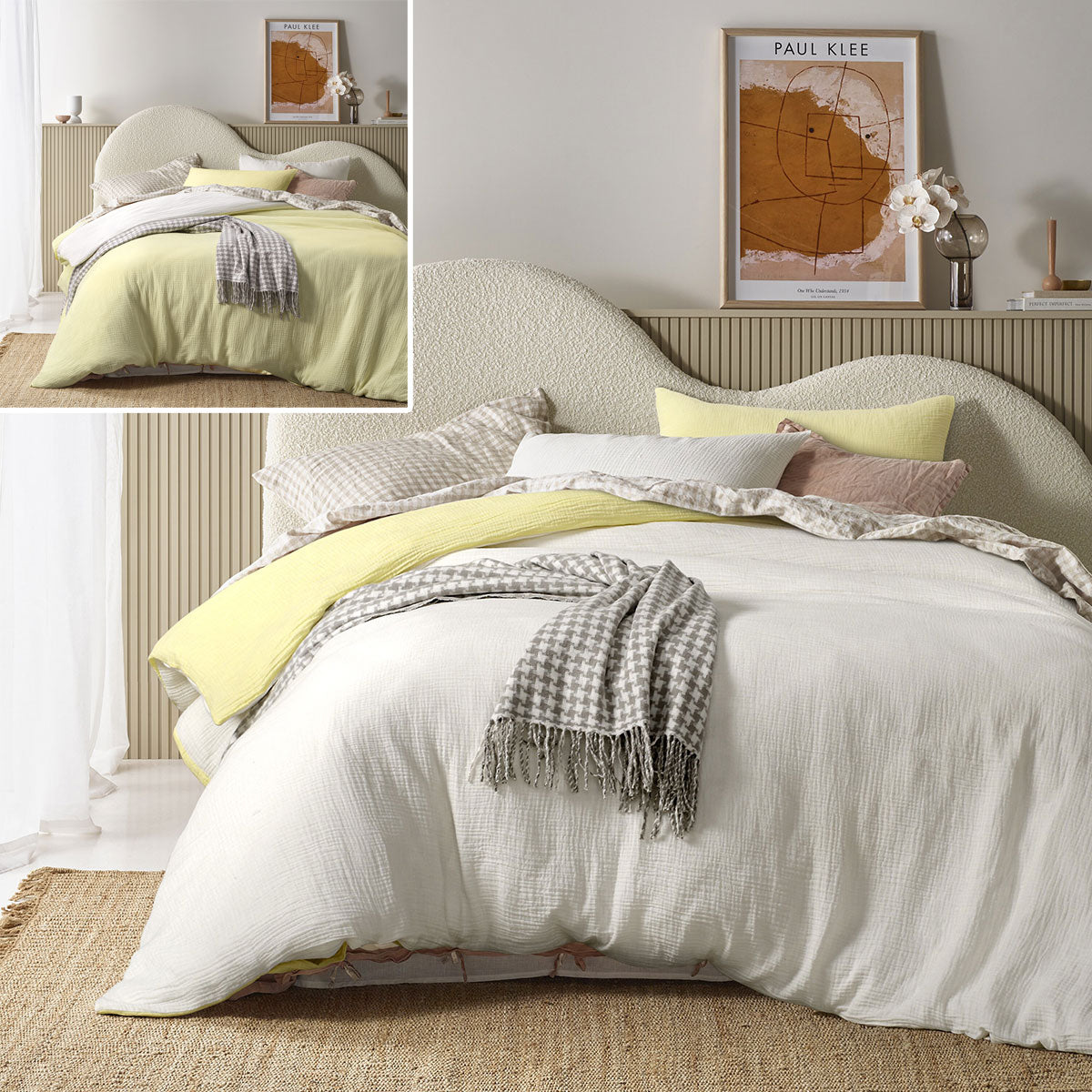 Hugo Reversible White Butter Cotton Gauze Quilt Cover Set featuring soft hues and a classic design, perfect for modern bedrooms.