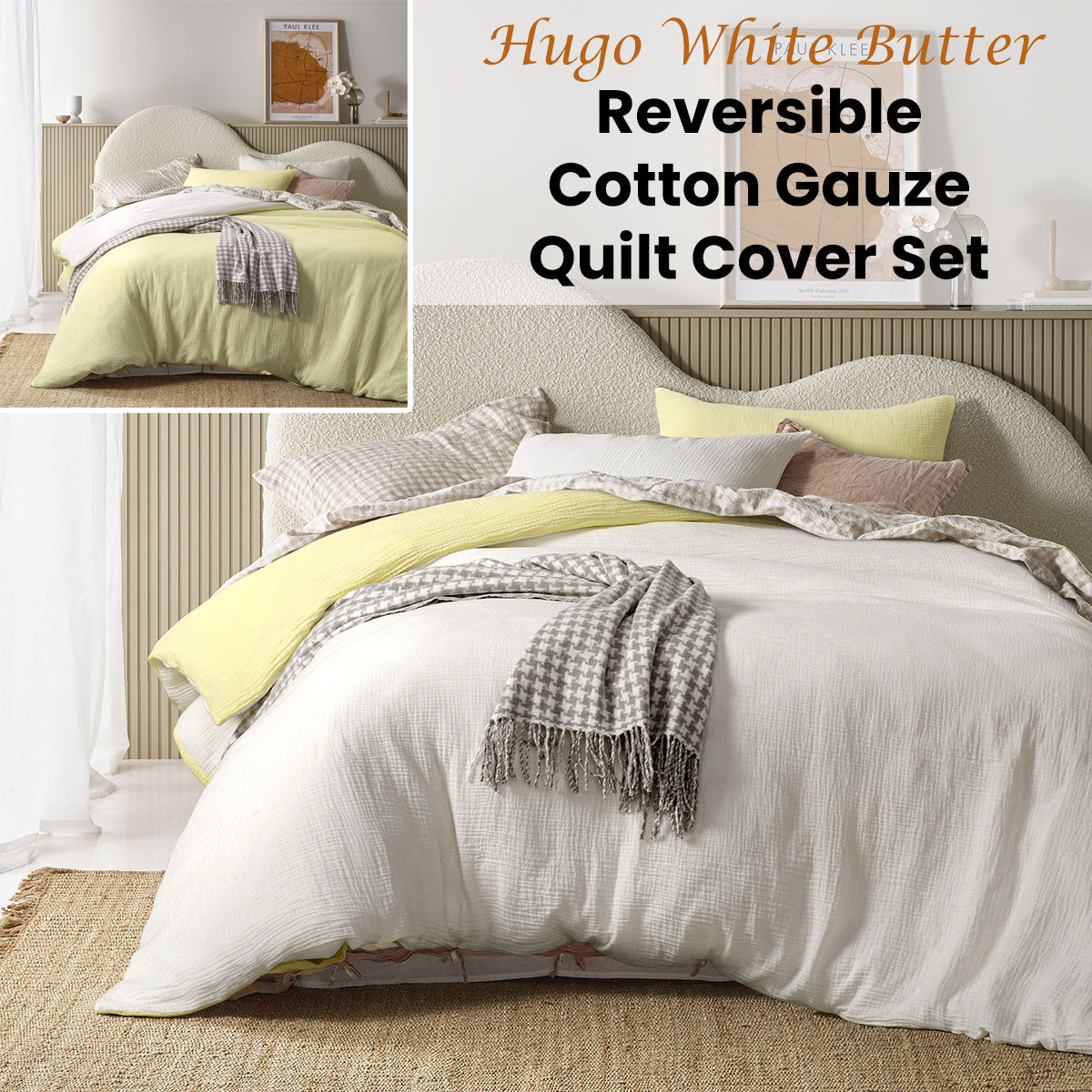 Hugo Reversible White Butter Cotton Gauze Quilt Cover Set featuring soft hues and a classic design, perfect for modern bedrooms.