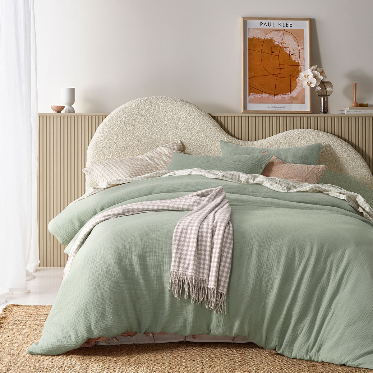 Hugo Sage Cotton Gauze Quilt Cover Set King featuring a soft solid color design, perfect for a cozy bedroom atmosphere.